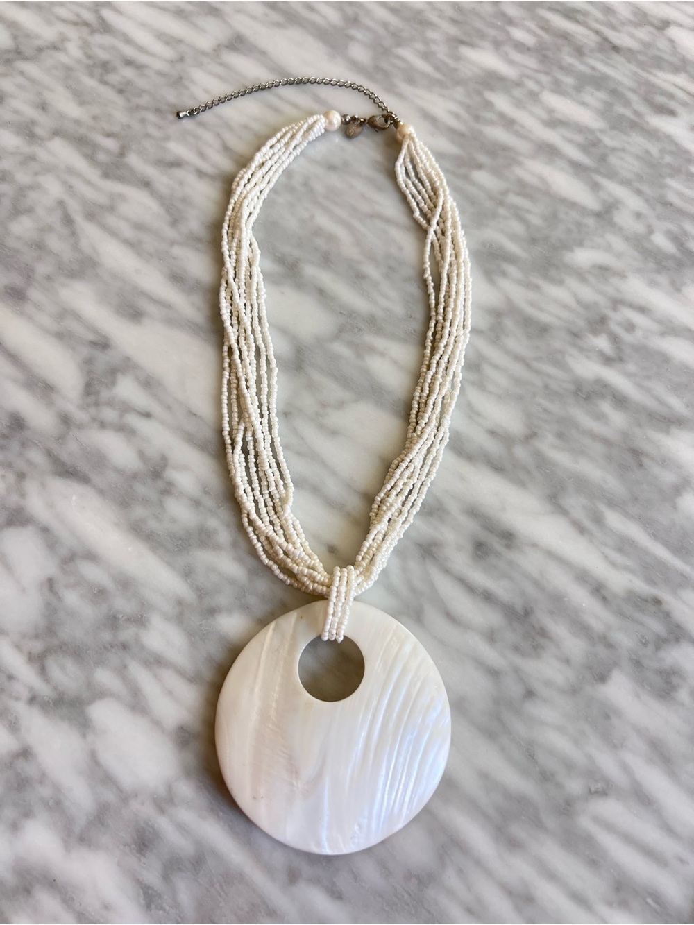 White Multi-Strand Beaded Necklace with Shell Pendant